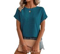 Gemulate Short Sleeve Blouses Casual Round Neck tee Shirts for Women Ladies Solid Spring Summer Tunic Tops Peacock Blue XL