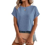 Gemulate Woman Spring Clothing Spring Summer top Womens Striped Short Sleeve Sweaters Tops Solid Casual Soft Trending Pullover Shirt Sky Blue M