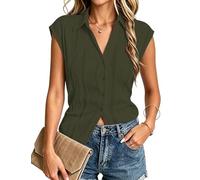 Gemulate Women Vest Blouses Shirts Ladies Blouses Summer Button up Shirt Elegant V Neck Short Sleeve Tops Casual Office Work wear Army Green M