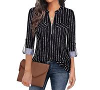 Gemulate Women's Black Stripe Floral Printed 3/4 Sleeve Zip Up V-Neck Blouse - XXL