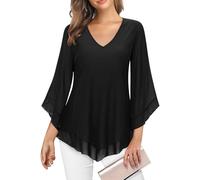 Gemulate Womens Blouses 3/4 Sleeve Tops Dressy Casual Double Layered V Neck Mesh Chiffon Tunic Shirts Evening Dresses for Women UK-Black,M