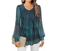 Gemulate Women's Blouses Ladies Long Sleeve Tops Chiffon Tops for Women UK Crew Neck Pleated Front Loose Fit Ladies Top Flowy Double Layered Mesh Shirts M-3XL