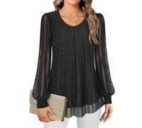 Gemulate Women's Blouses Ladies Long Sleeve Tops Chiffon Tops for Women UK Crew Neck Pleated Front Loose Fit Ladies Top Flowy Double Layered Mesh Shirts M-3XL