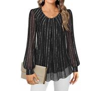 Gemulate Women's Blouses Ladies Long Sleeve Tops Chiffon Tops for Women UK Crew Neck Pleated Front Loose Fit Ladies Top Flowy Double Layered Mesh Shirts M-3XL