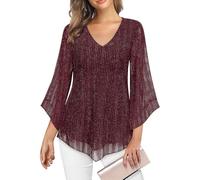 Gemulate Women's Blouses & Shirts Ladies 3/4 Sleeve Top Basics Fashion Tops Ladies Blouses Tops for Women UK - Wine Red Stripes, L