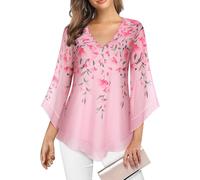 Gemulate Women's Blouses & Shirts Ladies 3/4 Sleeve Tops V Neck Chiffon Basics Fashion Top Ladies Blouses Tops for Women UK Dresses Party Outfits for Women Pink Floral L