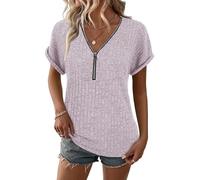 Gemulate Womens Short Sleeve Lightweight Petite Plain Summer Tops Casual Striped Knit Tunic Zip v Neck Blouses Loose Pullover Sweater Pink XL