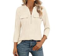 Gemulate Womens Tops 3/4 Length Sleeve Blouses & Shirts V Neck 1/2 Zip T Shirts Office Business Casual Tunic for Ladies Apricot M