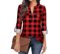Gemulate Womens Tops 3/4 Sleeve Tops for Women Polo Top Floral Printed Shirts with Zip Up V Neck Tunic Blouse Basic Tops