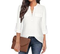 Gemulate Womens Tops 3/4 Sleeve Tops for Women Polo Top Floral Printed Shirts with Zip Up V Neck Tunic Blouse Basic Tops