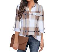Gemulate Womens Tops 3/4 Sleeve Tops for Women Polo Top Floral Printed Shirts with Zip Up V Neck Tunic Blouse Basic Tops