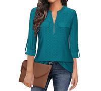 Gemulate Womens Tops 3/4 Sleeve Tops for Women Polo Top Floral Printed Shirts with Zip Up V Neck Tunic Blouse Basic Tops