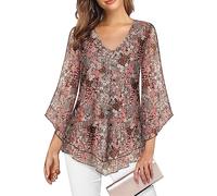 Gemulate Women's Tops Blouses Shirts Dressy Evening Tops Casual 3/4 Flared Sleeve Double Layers Flowy Tunic Top V Neck Elastic Mesh Flowy Chiffon Top Sale -Khaki Floral