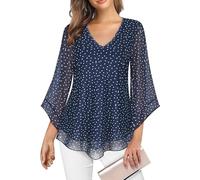 Gemulate Womens Tops Ruffle 3/4 Sleeve Blouses for Women UK Ladies Evening Wedding Guest Plus Size Party Going Out Top V Neck Chiffon Tops Double Layers Mesh Shirts Navy Blue Dot XXL