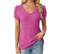 Gemulate Womens Tops Trendy Short Sleeve Jumper V Neck Business Tunic Fashion Basics Ladies T Shirt Dressy Casual Summer Clothes Long Tops for Women UK Hot Pink M