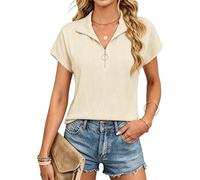 Gemulate Womens Zip Blouses Short Sleeve Ladies V Neck Tshirts Plain Color Shirts Casual Office Work Tops Apricot XXL