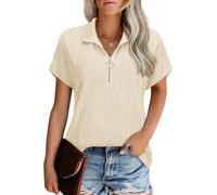 Gemulate Womens Zip Blouses Short Sleeve Ladies V Neck Tshirts Plain Color Shirts Casual Office Work Tops Apricot M