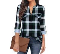 Gemulate Womens Zip Up Plaid Tunic Blouse Long 3/4 Roll Sleeve Polo Top Plus Size Tops Women Floral Printed Shirts Plaid Green 1-L