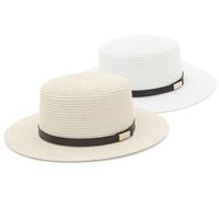 GEMVIE 2 Packs Straw Boater Hats for Women Summer Wide Brim Straw Fedora Hat Beach Flat Top Panama Sun Hat for Unisex