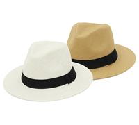 GEMVIE 2Pcs Summer Straw Panama Hat for Women Men's Wide Brim Fedora Sun Hat Beach Panama Straw Cap