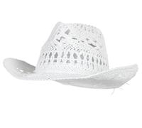 GEMVIE Cowboy Cowgirl Summer Straw Hat Wide Brim Hollow Out Cowboy Beach Sun Hats for Women Ladies White