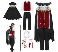 GEMVIE Kids Vampire Costume for Boys Halloween Dracula Costumes Fancy Dress Carnival Cosplay Outfits with Walking Cane Sticks