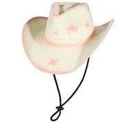 GEMVIE Straw Cowboy Hats for Women Mens Summer Straw Hat Stars Pattern Shapeable Brim Cowgirl Hat for Outdoor with Chin Strap Pink