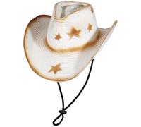 GEMVIE Straw Cowboy Hats for Women Mens Summer Straw Hat Stars Pattern Shapeable Brim Cowgirl Hat for Outdoor with Chin Strap White
