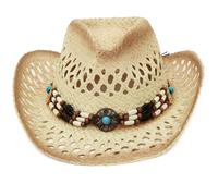 GEMVIE Unisex Straw Cowboy Hat Wide Brim Beach Fedora Straw Hat Western Cowboy Sun Hat with Beads Band Beige