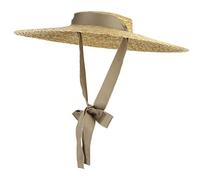 GEMVIE Women Ladies Vintage Wide Brim Boater Straw Hat Elegant Flat Top Floppy Derby Sun Hat Beach Straw Sun UV Hats with Chin Strap Khaki