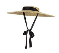 GEMVIE Women Ladies Vintage Wide Brim Boater Straw Hat Elegant Flat Top Floppy Derby Sun Hat Beach Straw Sun UV Hats with Chin Strap Black