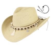 GEMVIE Women's Summer Straw Cowboy Cowgirl Hat Sun Hats Wide Brim Beach Holiday Straw Hat with Shell Band Beige