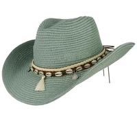 GEMVIE Women's Summer Straw Cowboy Cowgirl Hat Sun Hats Wide Brim Beach Holiday Straw Hat with Shell Band-Green