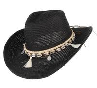 GEMVIE Women's Summer Straw Cowboy Cowgirl Hat Sun Hats Wide Brim Beach Holiday Straw Hat with Shell Band-Black