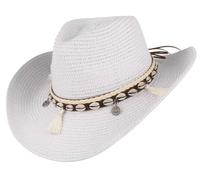 GEMVIE Women's Summer Straw Cowboy Cowgirl Hat Sun Hats Wide Brim Beach Holiday Straw Hat with Shell Band-White