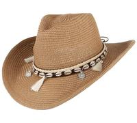 GEMVIE Women's Summer Straw Cowboy Cowgirl Hat Sun Hats Wide Brim Beach Holiday Straw Hat with Shell Band-Khaki