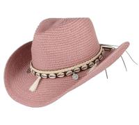 GEMVIE Women's Summer Straw Cowboy Cowgirl Hat Sun Hats Wide Brim Beach Holiday Straw Hat with Shell Band-Pink