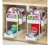 GEMWON Under Sink Storage Kitchen Organiser, 2 Tier Sliding Kitchen Storage Under Sink Shelf, Multi-Purpose Organisation for Bathroom, Bottom Slide Out Basket (White-2Pack)