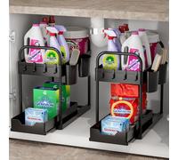 GEMWON Under Sink Storage Kitchen Organiser, 2 Tier Sliding Kitchen Storage Under Sink shelf, Multi-Purpose Organisation for Bathroom, Bottom Slide Out Basket Black 2Piece