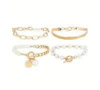 GEN:ZAI 4pcs Gold-Toned Bracelet Set with Faux Pearl Accents - Vintage Charm, Toggle Clasp - Women’s Fashion Jewellery for Parties, Weddings, Holiday