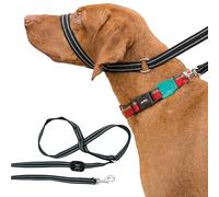 Gencon - Clip-to-Collar Dog Headcollar and Lead - Trainer Approved - One Size Dog Training & Behaviour Aid - Soft & Gentle Design with Trigger Clip - Left - Made in Britain - Black/Silver