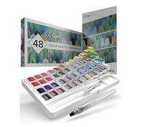 GenCrafts Watercolor Paint Palette with Bonus Paper Pad Includes 48 Premium Colors - 2 Refillable Water Blending Brush Pens - No Mess Storage Case - 15 Sheets of Water Color Paper - Portable Painting