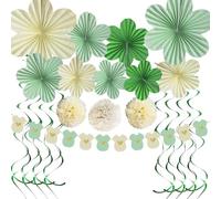 Gender Neutral Baby Shower Decorations Sage Green Hanging Swirls Paper Flower Fans Gold Dot Tissue Pom Poms Glitter Babysuit Banner for Gender Reveal Birthday Decor (21Pcs)