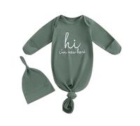 Gender Neutral Newborn Baby Girl Boy Coming Home Sleeper Long Sleeve Pajamas Infant Gown Pjs Pajama (A Army Green Hi I'm New Here, 0-3 Months)