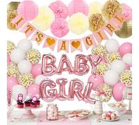 Gender Reveal Baby Shower Decoration Balloon Pink White Baby Balloons Decoration with Its a Girl Banner 33Pcs Gender Show Party Supplies Girl Birthday Set