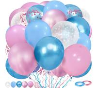 Gender Reveal Balloons, 60 Piece 12 Inch Macaron Pink Blue Metallisc Blue Pink Confetti Star Pattern Balloons with Ribbon for Birthday Wedding Baby Party Decorations