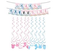 Gender Reveal Banner Decorations, Celebrating Decoration Set with Hanging Flag and Vortex Decor, Party Dressing for Baby Shower Birthday Christmas, 15 Flags and 6 Hanging Vortex Decoration
