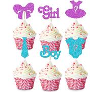 Gender Reveal Cake Toppers 24Pcs Boy or Girl Cupcake Toppers Glitter Baby Shower Cake Toppers Cute Glitter Cupcake Picks for Kids Birthday Baby Gender Reveal Cake Decorations Supplies