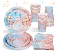 Gender Reveal Decoration Bear Plates and Napkins, 96Pcs Teddy Bear Baby Shower Plates Cups and Napkins Blue and Pink Baby Gender Reveal Decorations Boy or Girl Party Supplies for 24 Guests