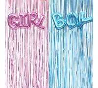 Gender Reveal Decoration Set - Metallic Fringe Curtains + BOY Girl Foil Balloons Gender Reveals Party Photo Backdrop (Pink/Blue)